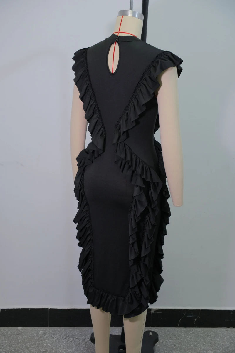Vintage Ruffle Trim Sleeveless Midi Dress For Women