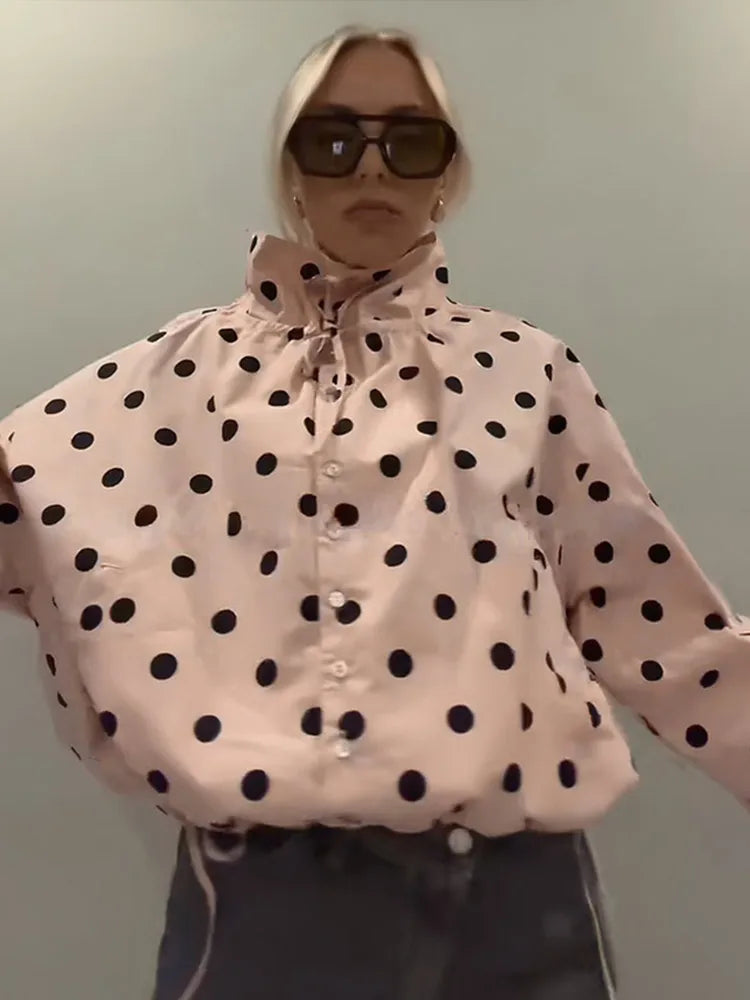Polka Dot Lace Up Stand Collar Single Breasted Jacket for Women