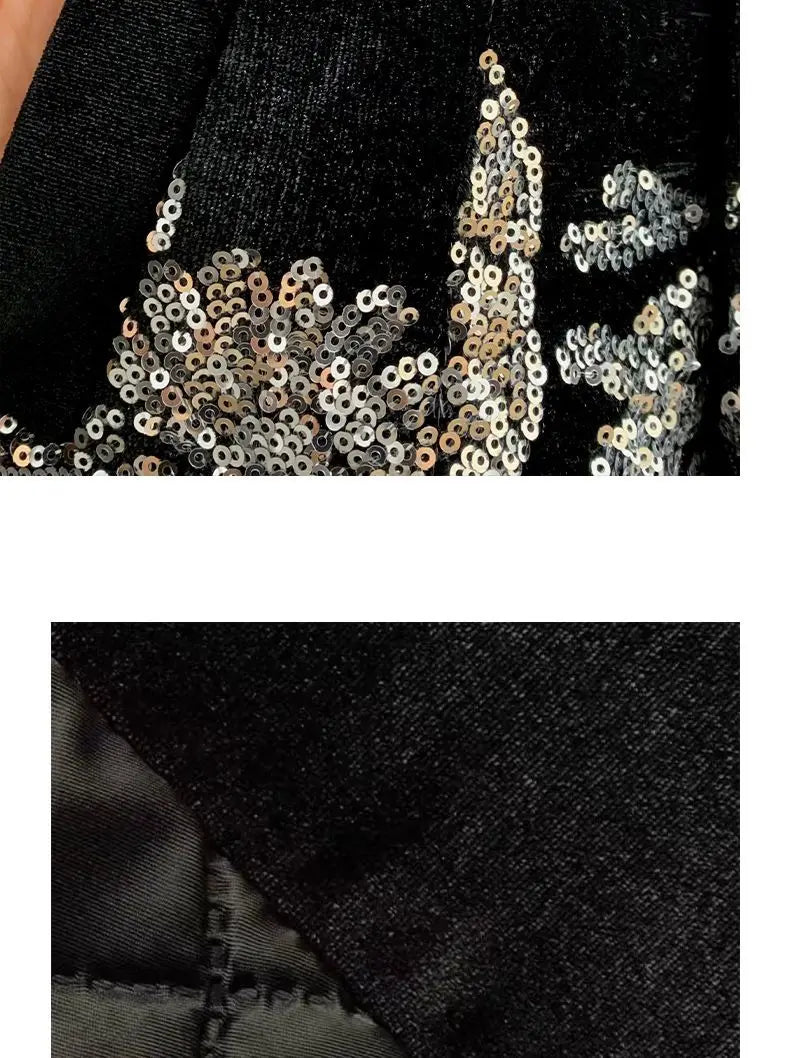 Black Velvet Sequins Windbreaker Coat Autumn/Winter New English style Luxury Sequin Embroidered Women's Coat