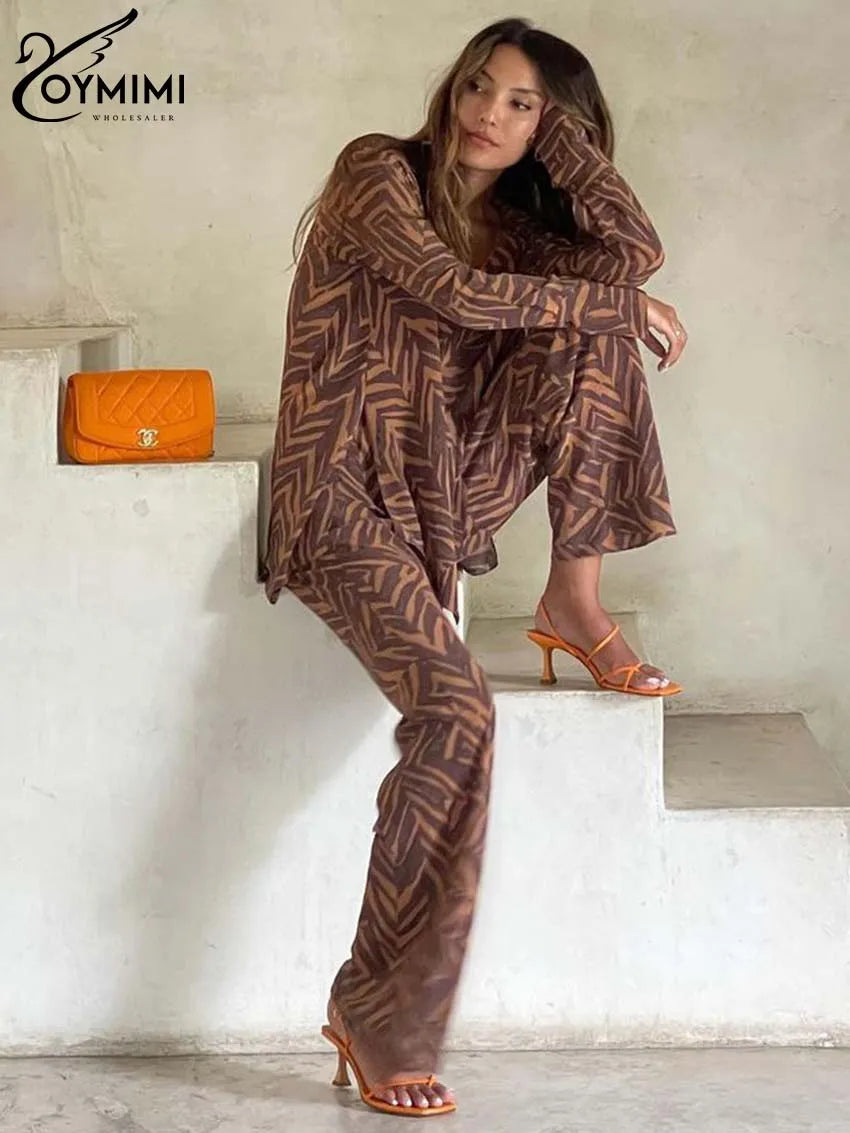 Oymimi Casual Brown Print Sets Womens 2 Piece Elegant Long Sleeve Button Side Slit Shirts And High Waisted Straight Trousers Set