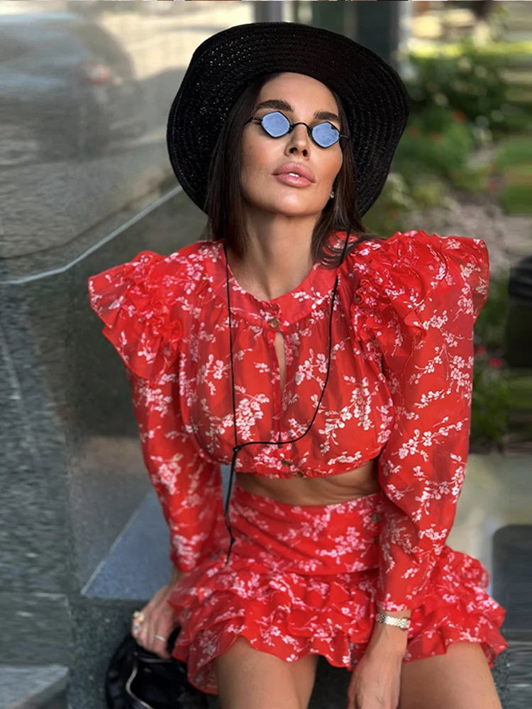 Red Print Butterfly Sleeve Hollow Out Skirt Set for Women