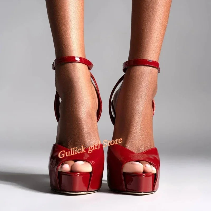 Patent Leather Open Toe Platform Stiletto Pumps for Women