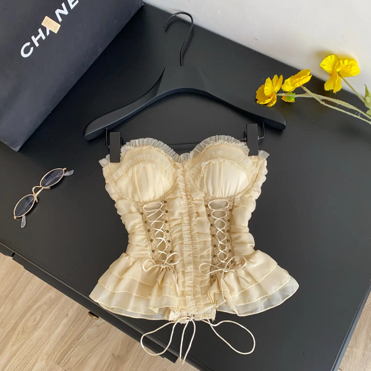 Ruched Lace Strapless Chiffon Corset Top for Women