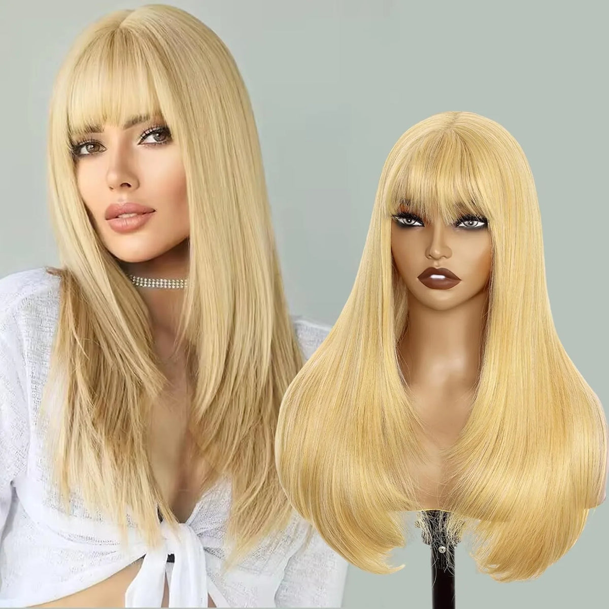 Natural Straight Layered Lace Front Wig With Bangs for Women
