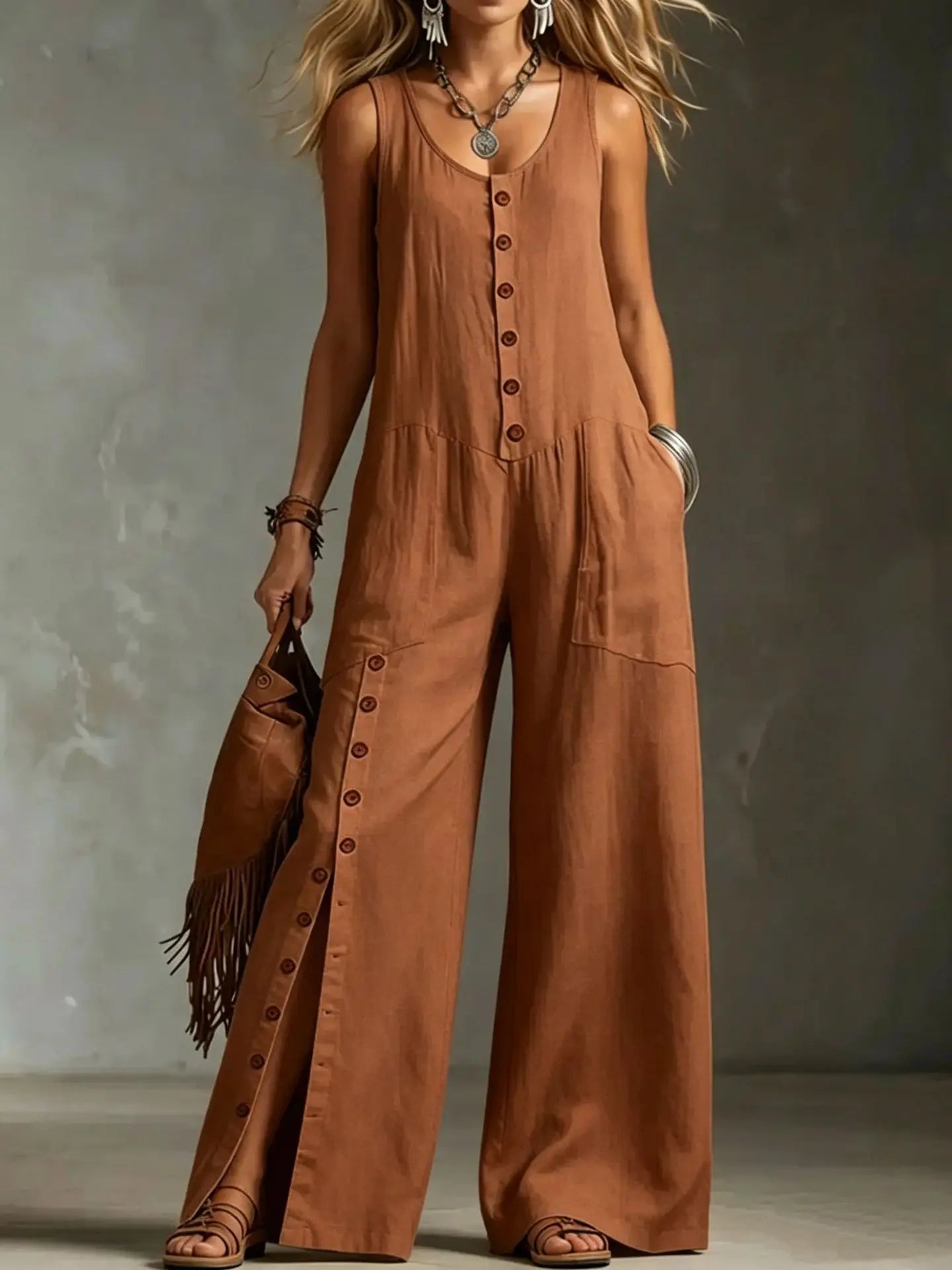 Sleeveless Solid Color Wide Leg Jumpsuit With Front Button Placket for Women