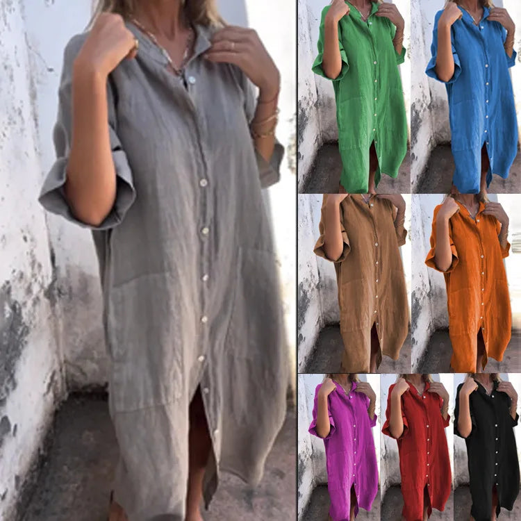 Loose Mid Calf Single Breasted Shirt Dress With Pockets For Women