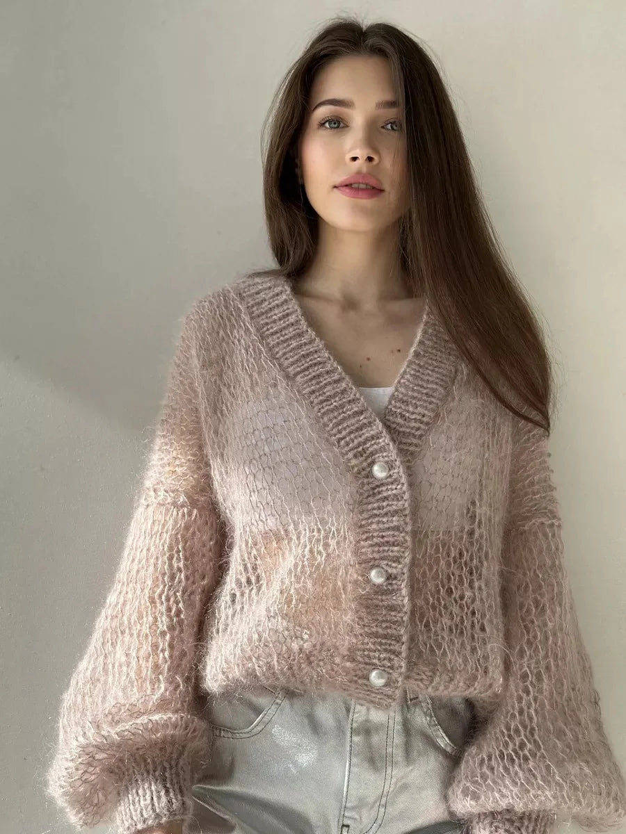 Loose Fit Open Knit V Neck Cardigan Sweater for Women