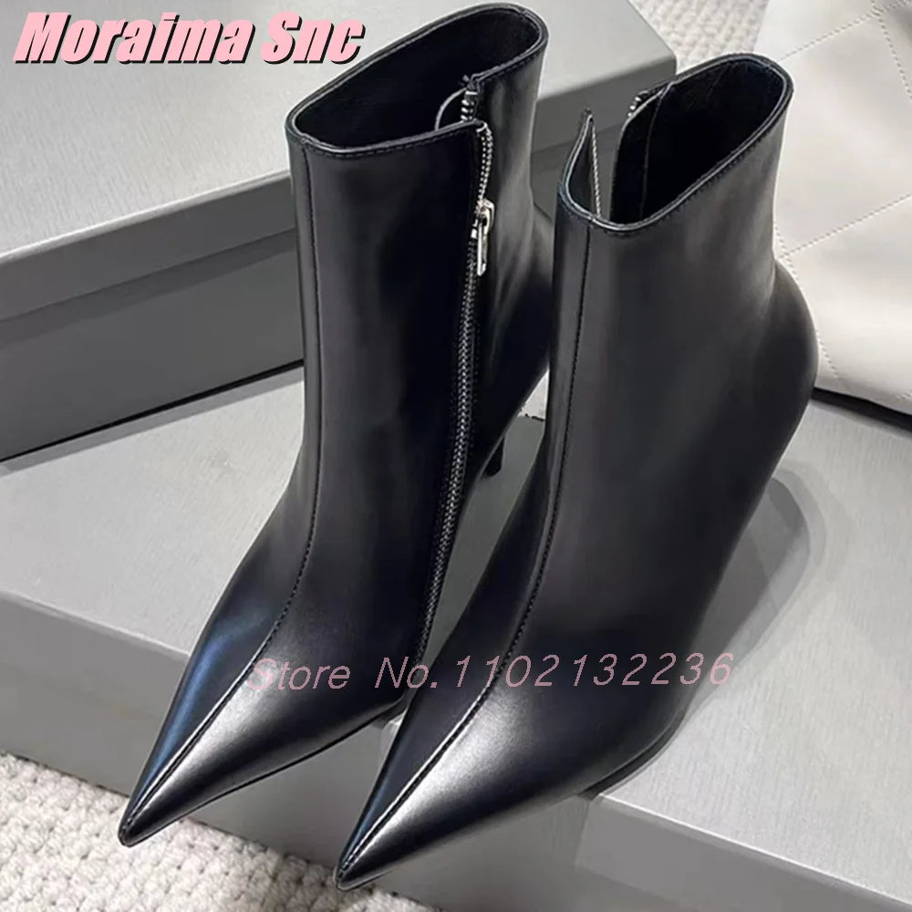 Black Pointed Toe Stiletto Heel Side Zipper Ankle Boots For Women