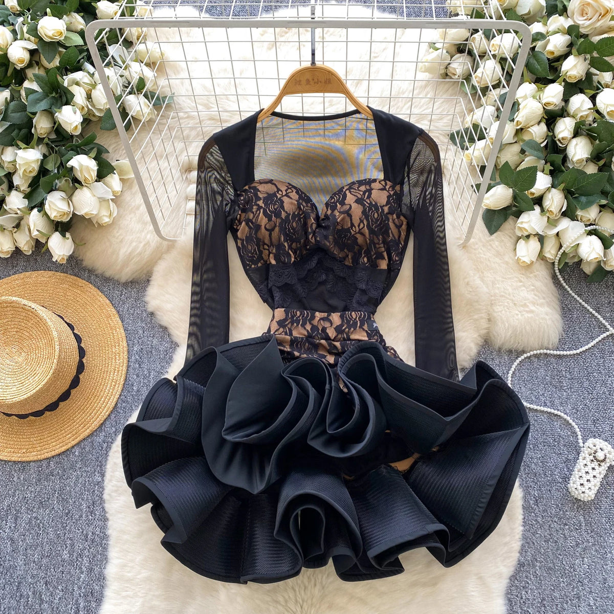 Floral Lace Mesh Bodysuit and Ruffle Mini Skirt Set for Women