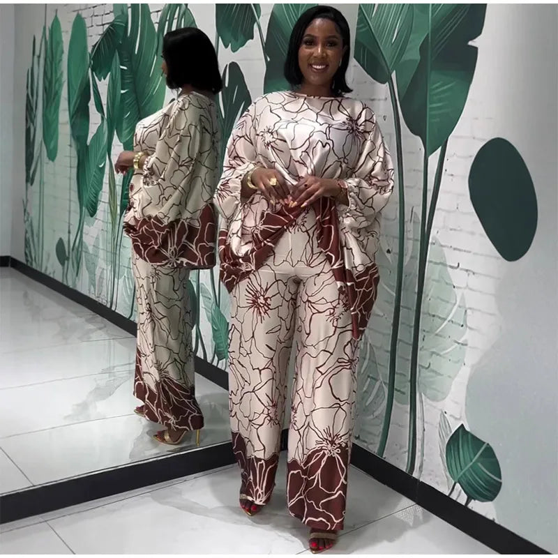 Floral Print Satin Lantern Sleeve Two Piece Set for Women
