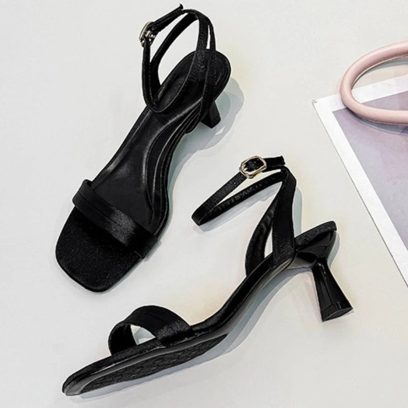 Silver Square Toe Ankle Strap Heeled Sandals for Women