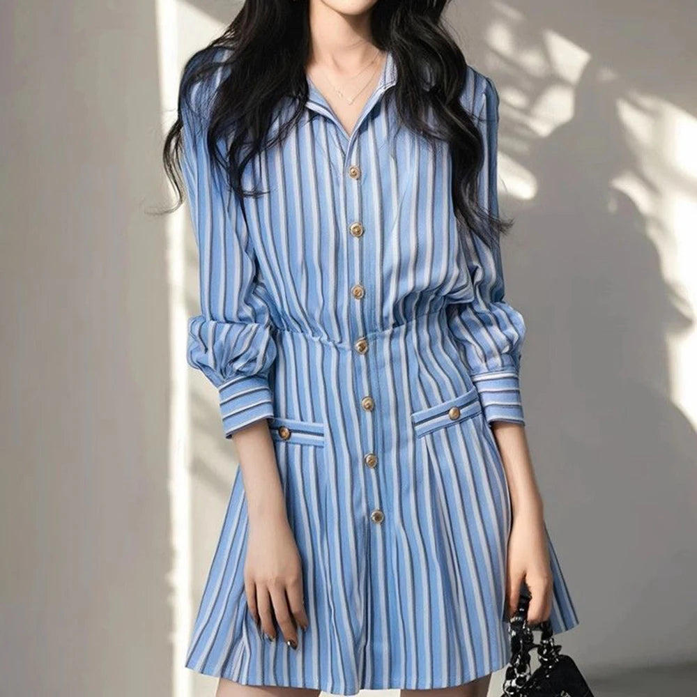 Blue and White Striped Korean Style Dress for Women