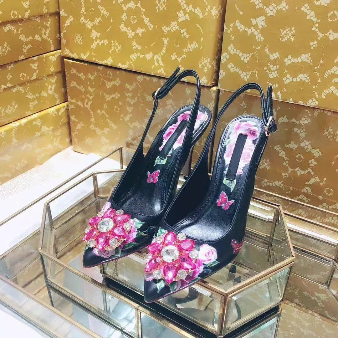 Elegant Pink Floral Rhinestone Slingback Wedding High Heels Pumps for Women