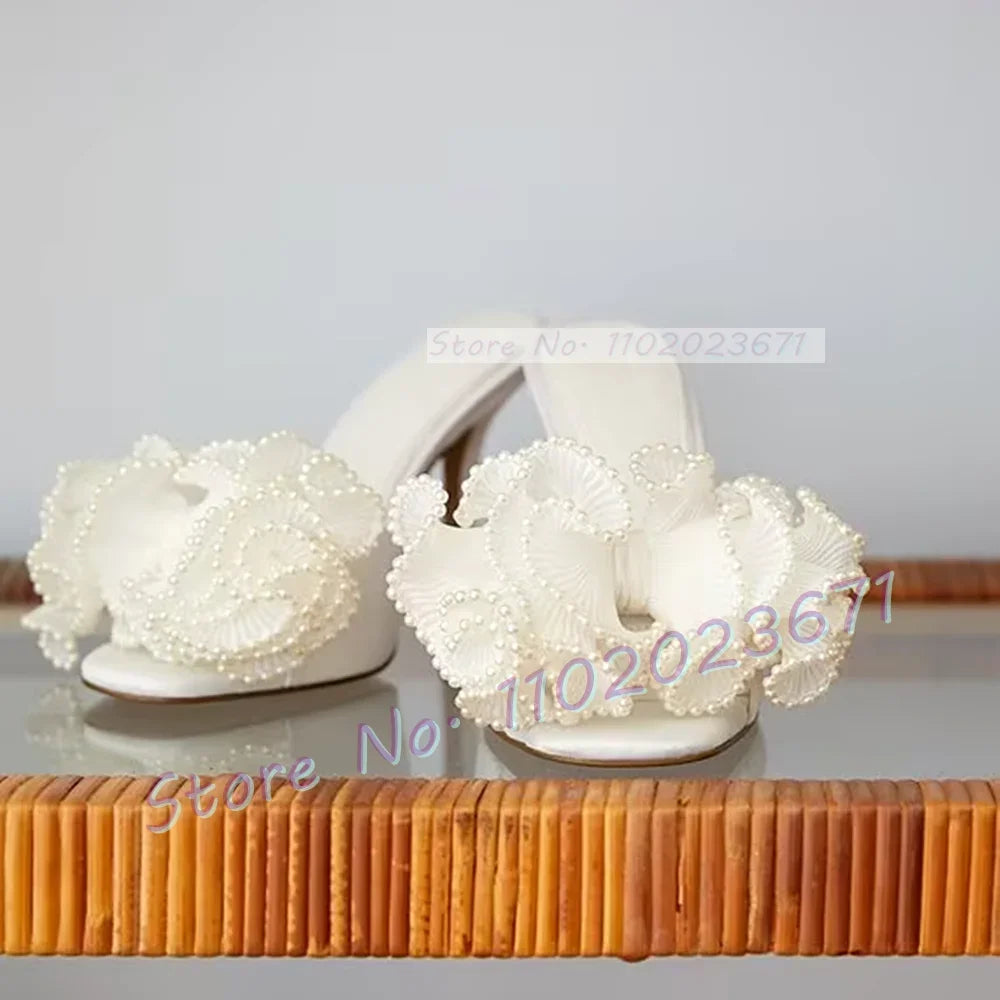 Satin Floral Open Toe Mules With Pearl Trim For Women