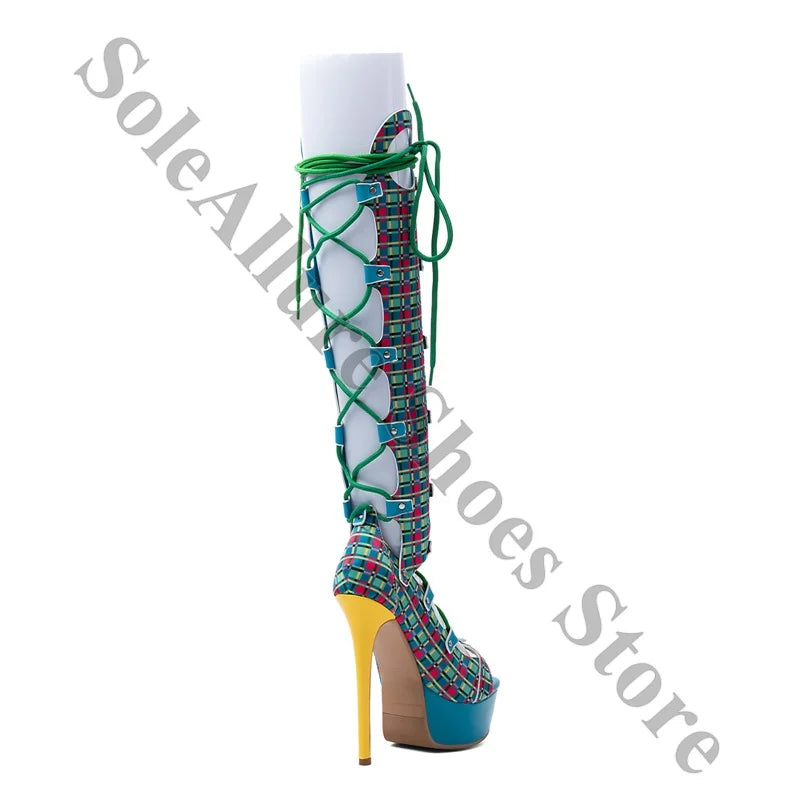 Colorful Plaid Peep Toe Knee High Lace Up Boots for Women