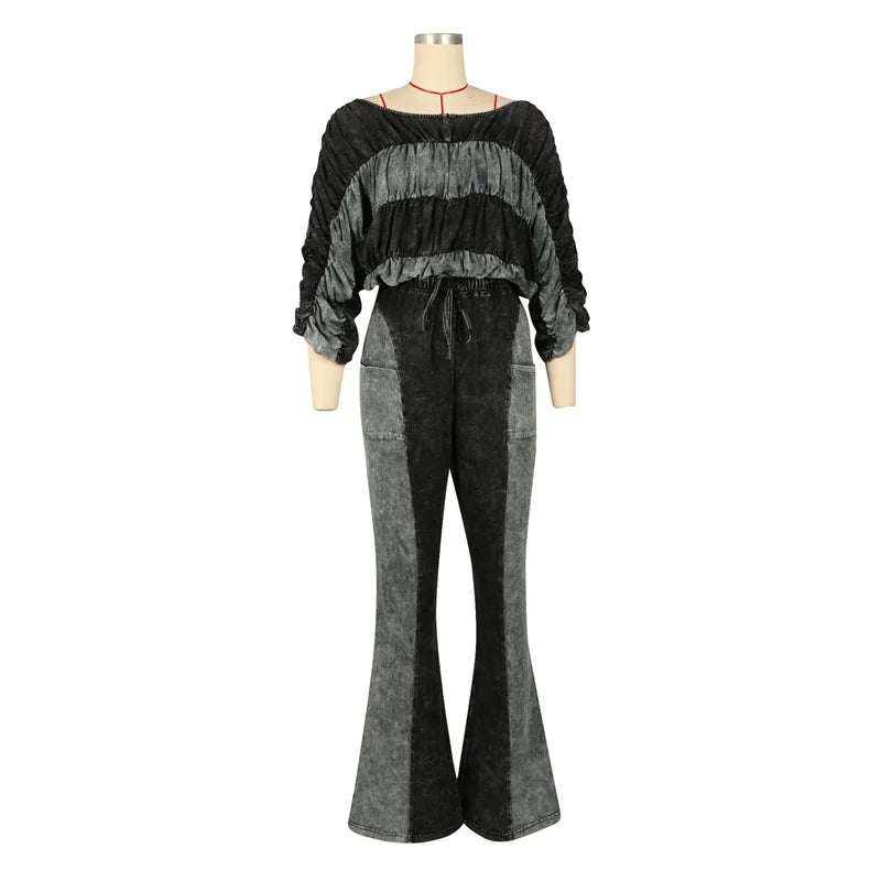 Ruched Crop Top And Flare Pants Two Piece Set for Women