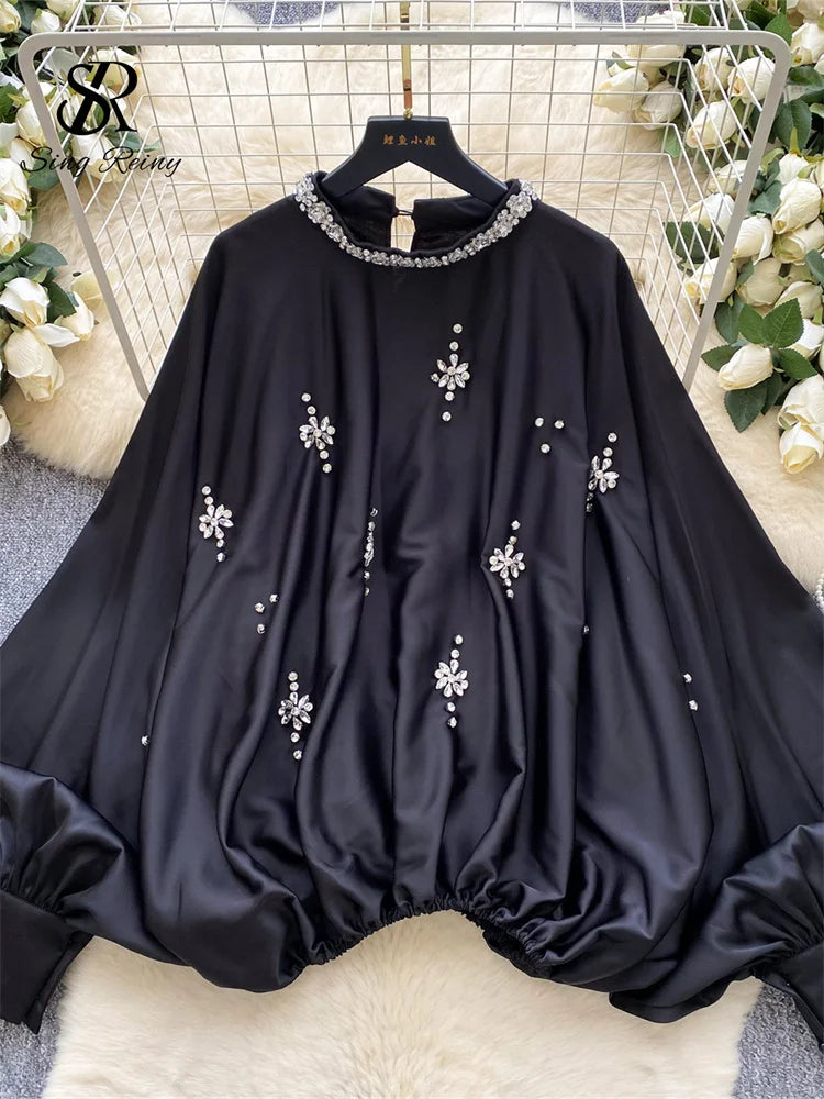 Elegant Beaded Satin Batwing Sleeve Blouse for Women