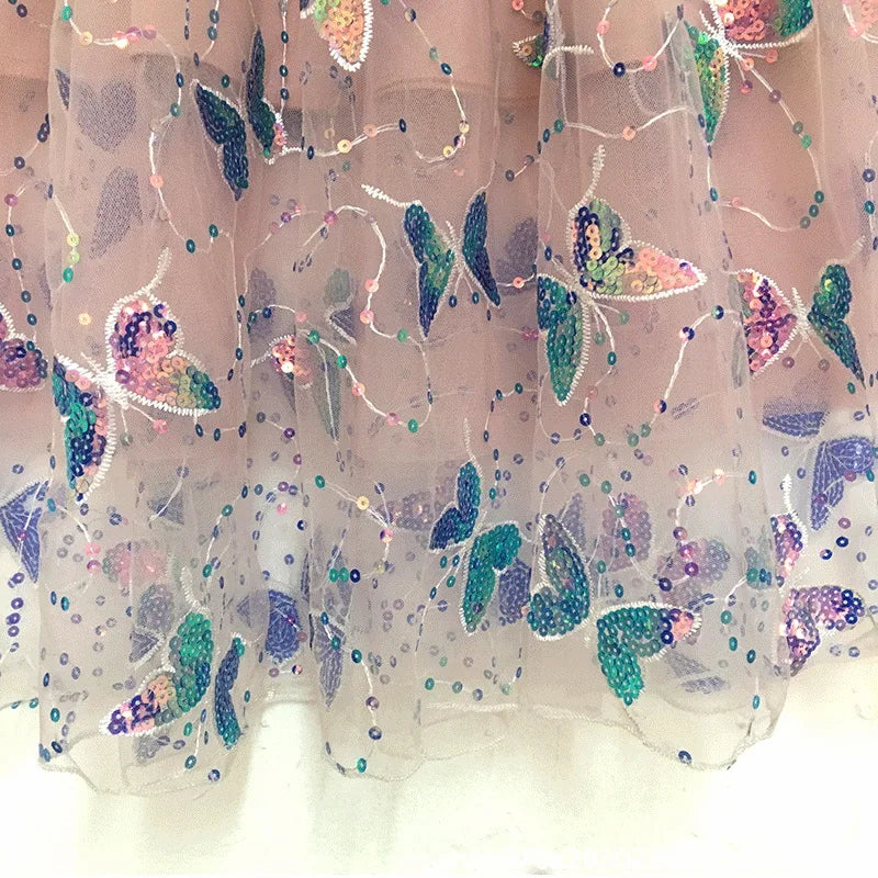 Pink Tulle High Waist Iridescent Sequin Butterfly Embroidery Skirt for Women