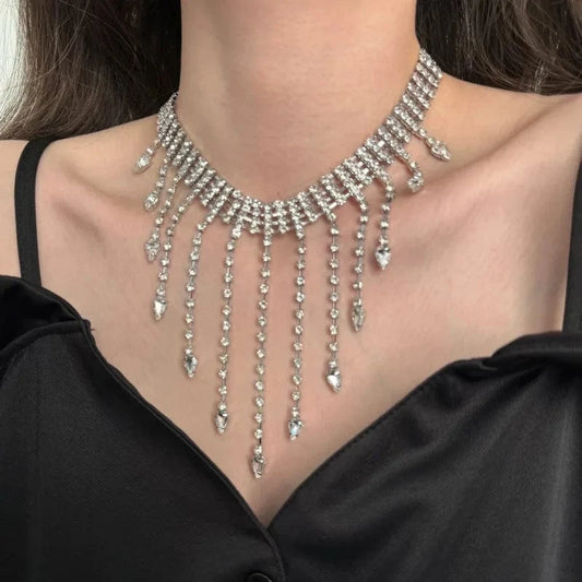 Luxury Crystal Exaggerated Water Droplet Tassel Necklace Women's Fashion Collarbone Chain