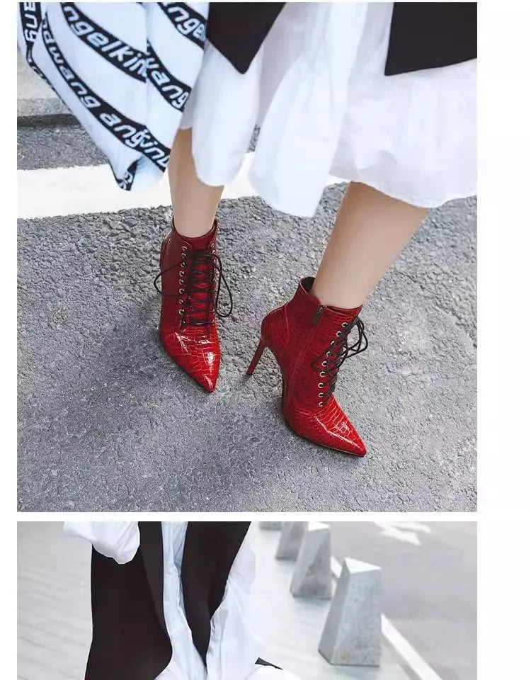 Chic Pointed Stiletto High Heel PU Leather Ankle Boots for Women