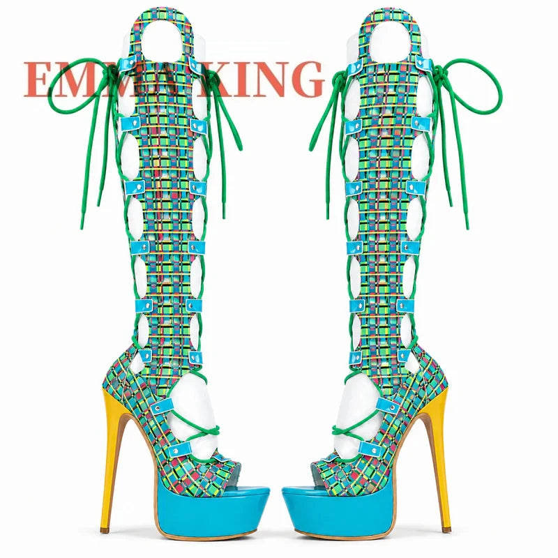 Multicolor Plaid Hollow Out Gladiator Sandals for Women