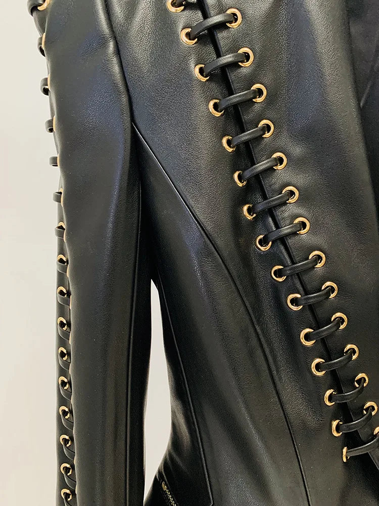 Mandarin Collar Lace-Up Faux Leather Jacket for Women