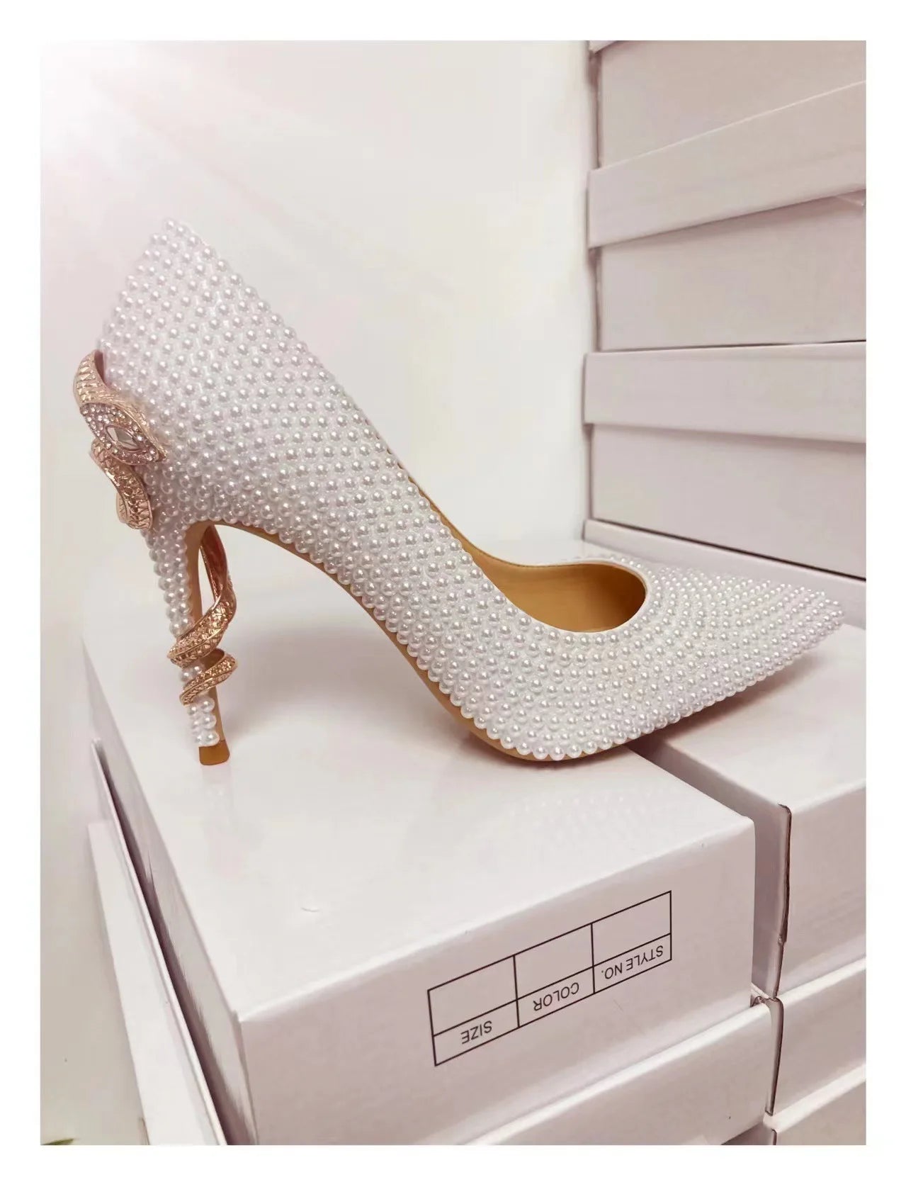 Golden Pearl Embellished Bridal High Heel Pumps For Women