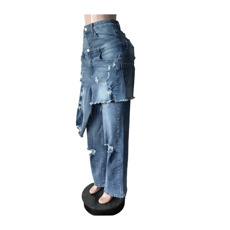 High Waist Ripped Patchwork Straight Cargo Jeans for Women
