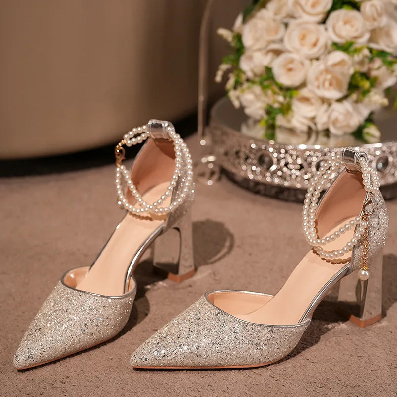 Pearl Embellished High Heel Ankle Strap Sandals for Women