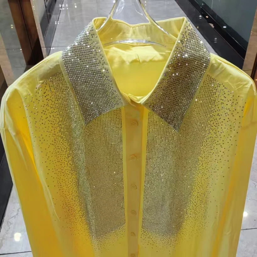 Luxury Design Bling Diamonds Loose Cotton Yellow Shirts & Blouses for Women's Full Sleeve Shirt Woman Clothes Y2K Top