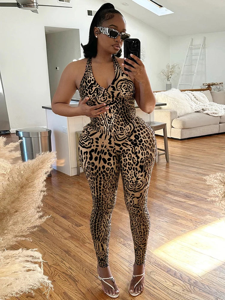 Leopard Print Sleeveless Jumpsuit with Stretch for Women
