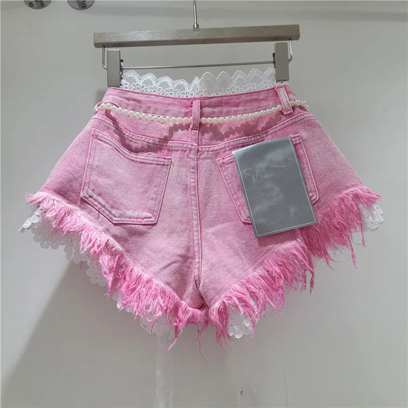 Crochet Lace Trim Raw Hem Denim Shorts With Pearl Belt For Women