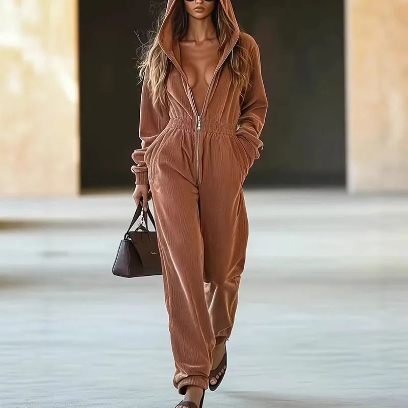 2026 Spring New Wide Leg Pants Jumpsuits Woman Casual Zipper Hooded Sweatshirt Overalls Autumn Solid Slim Pocket Straight Romper