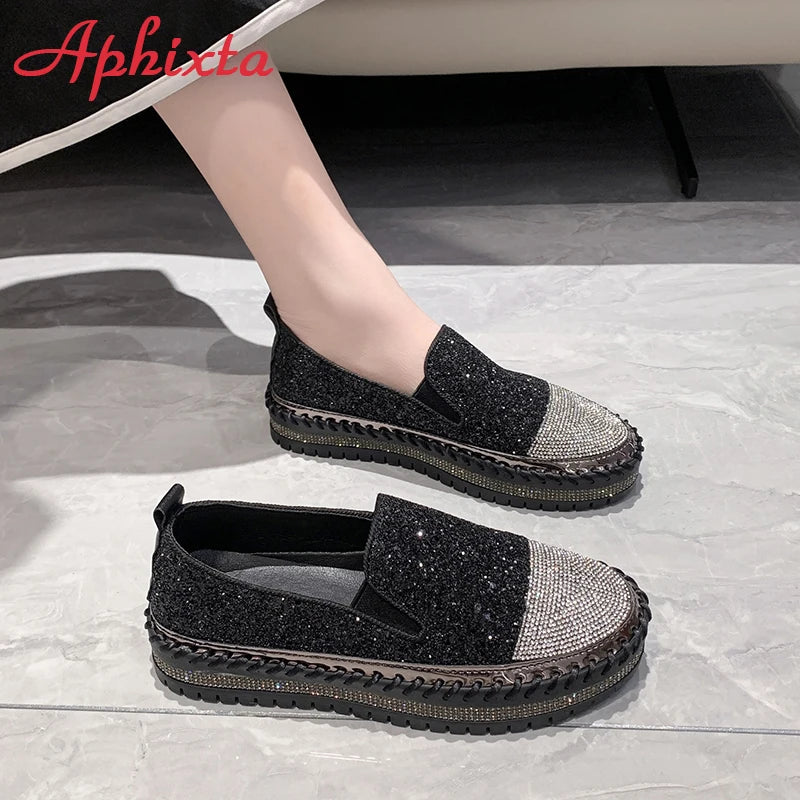 Soft Faux Leather Sequined Platform Loafers For Women