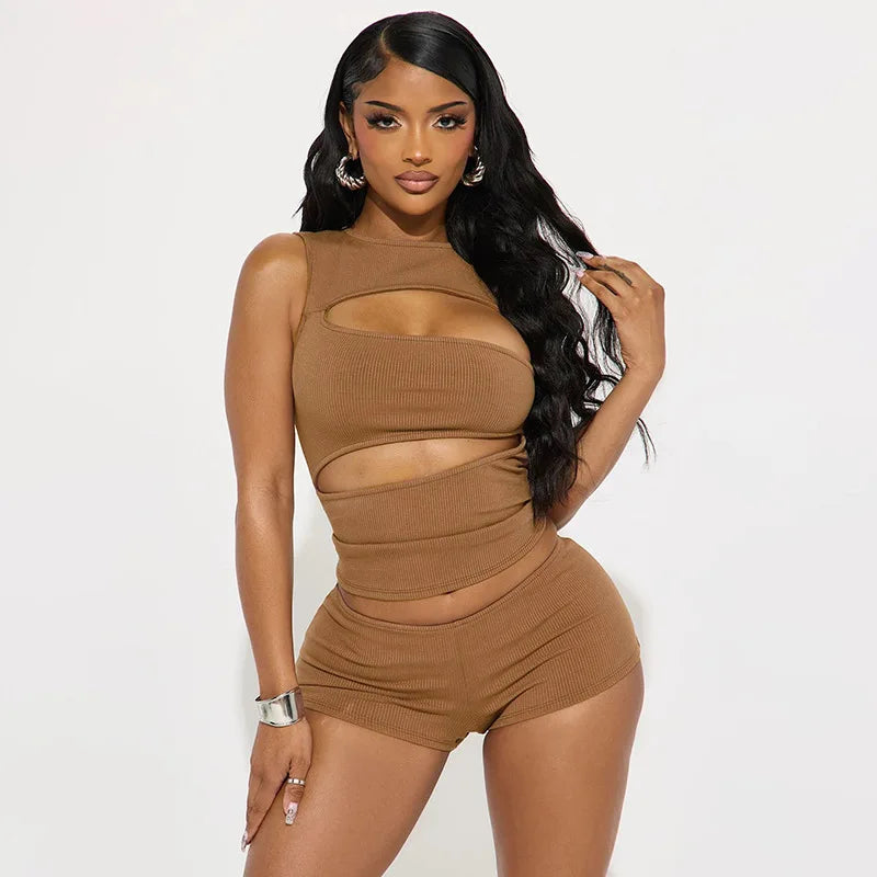 Hollow-Out Patchwork Crop Top and Shorts Set for Women