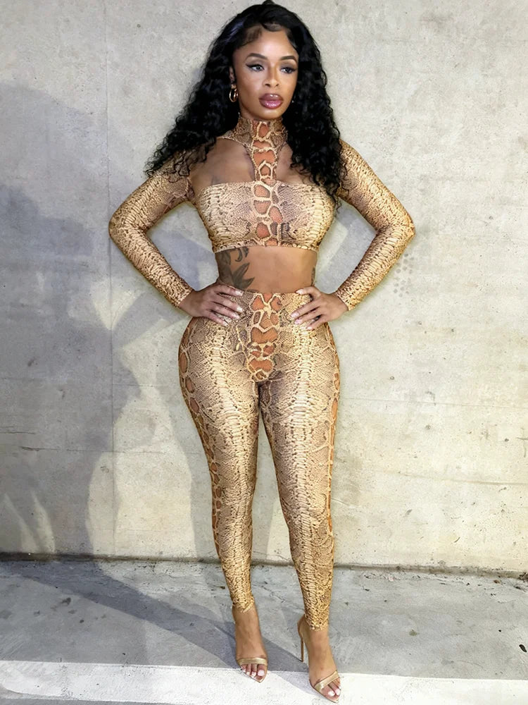 Snake Print Backless Crop Top and Leggings Two-Piece Set for Women
