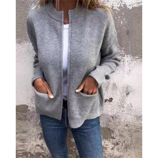 Women's Round Neck Zipper Design Long Sleeve Sweater Top Ladies Casual Fashion Cardigan Autumn