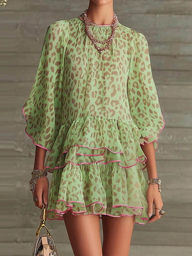 Green Leopard Print Ruffle Edge Mesh Dress for Women