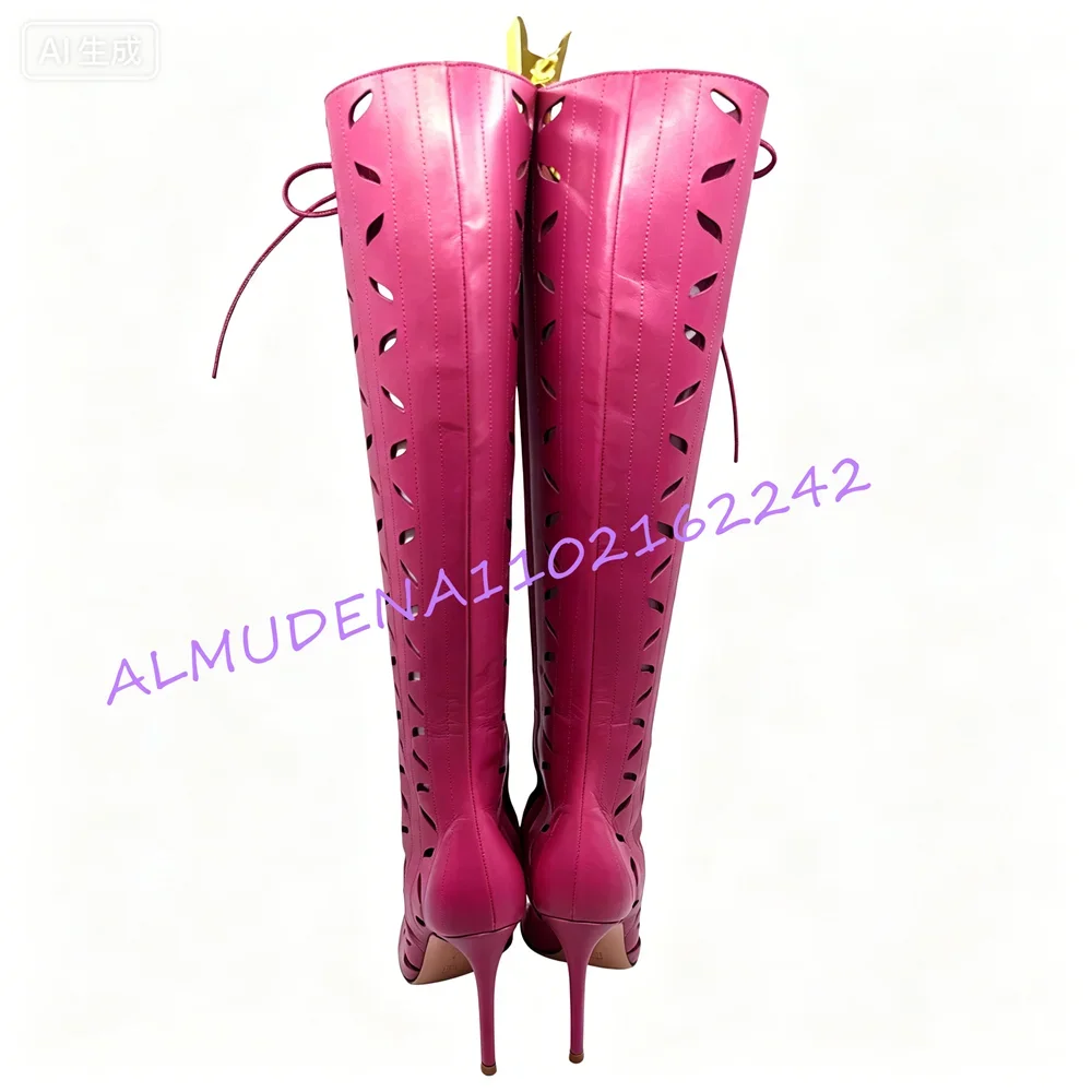Open Toe Cutout Lace Up Knee High Stiletto Boots for Women