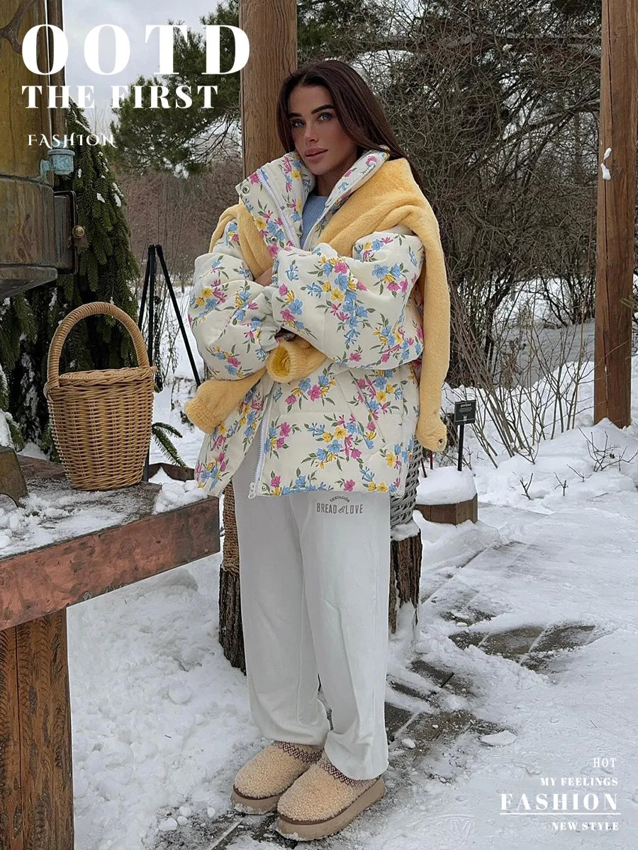 Floral Print Oversized Stand Collar Puffer Jacket For Women