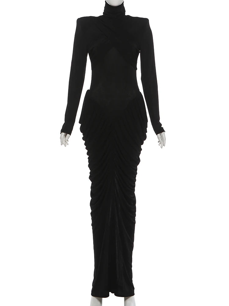 Elegant Ruched Backless Turtleneck Maxi Dress for Women