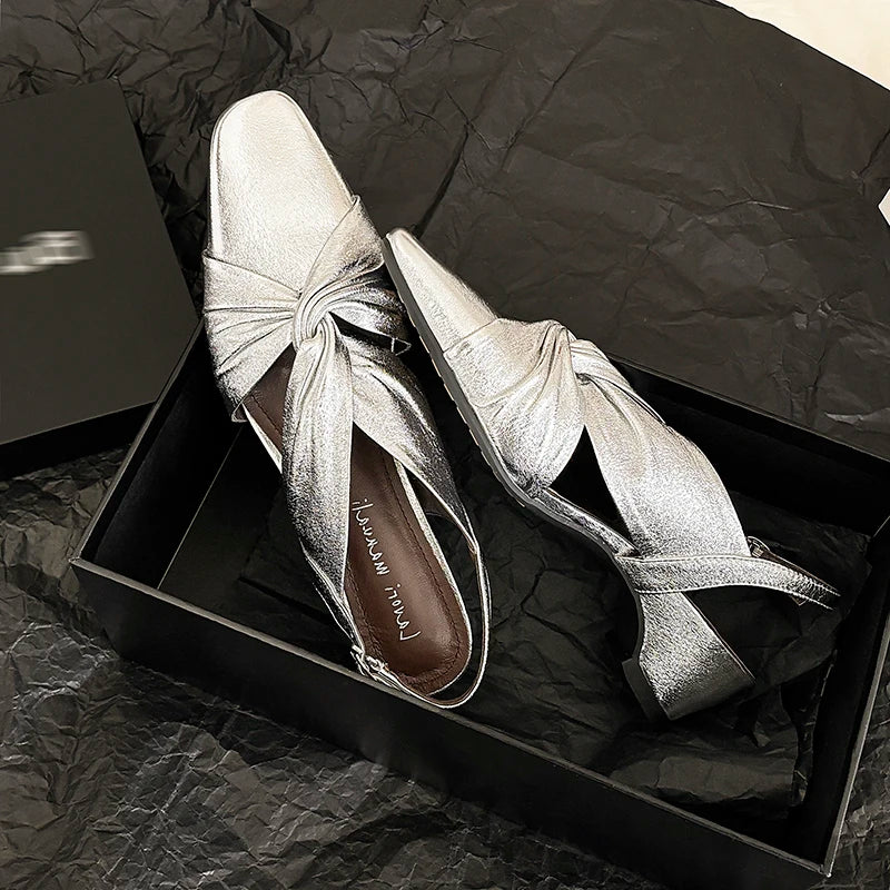 Handmade Real Leather Bowtie Square Heel Slingback Sandals for Women