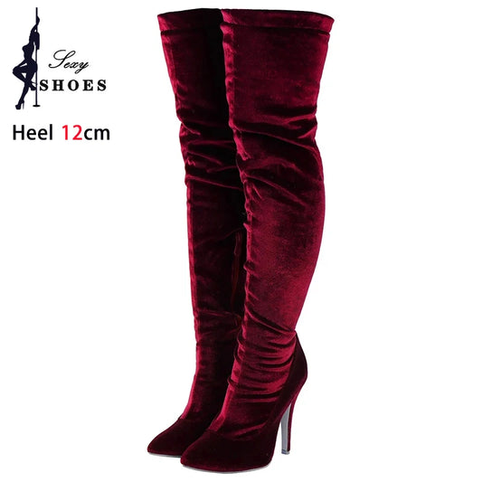 Velvet Pointed Toe Over The Knee Stiletto Boots for Women