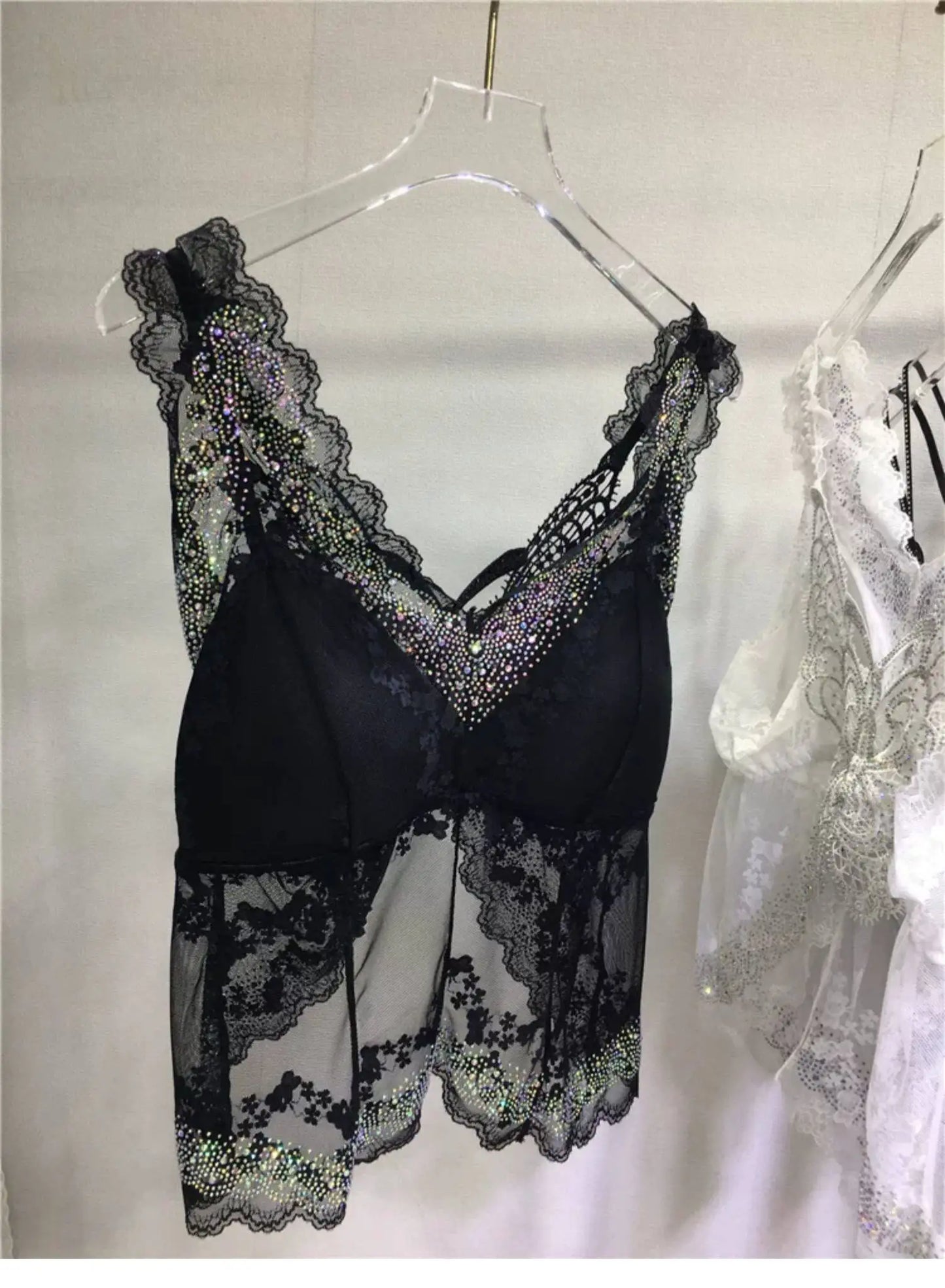 Back Beauty Black Camisole Women All-match Four Seasons V-neck Tanks Top Sexy V-neck Lace Splicing Hot Diamonds Slimming Camis