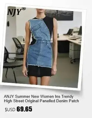 ANJY Summer New Women's Tide High Street Y2K Chic Trendy Sleeveless Halter Neck Backless Waist Cinching Zipper Denim Dress A8053