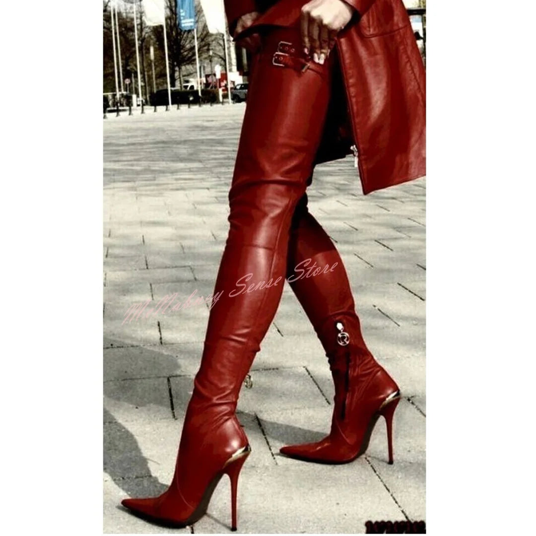 Pointed Toe Stiletto Boots With Side Zipper and Buckle Straps for Women