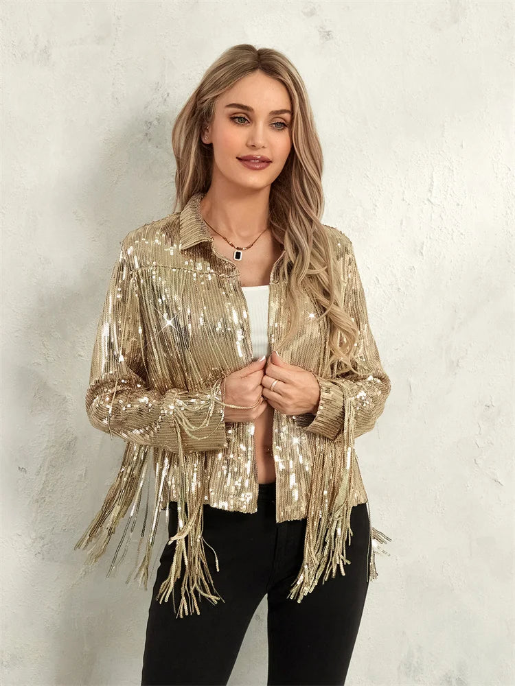 Glam Eighties Inspired Sequin Tassel Lapel Open Front Jacket for Women