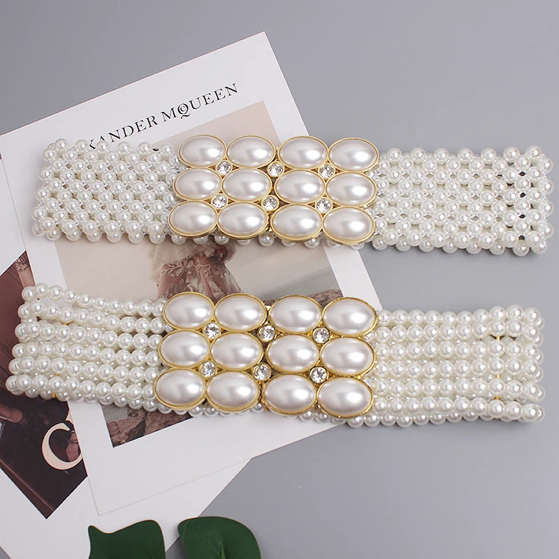Pearl Embellished Elastic Waist Chain Belt for Women