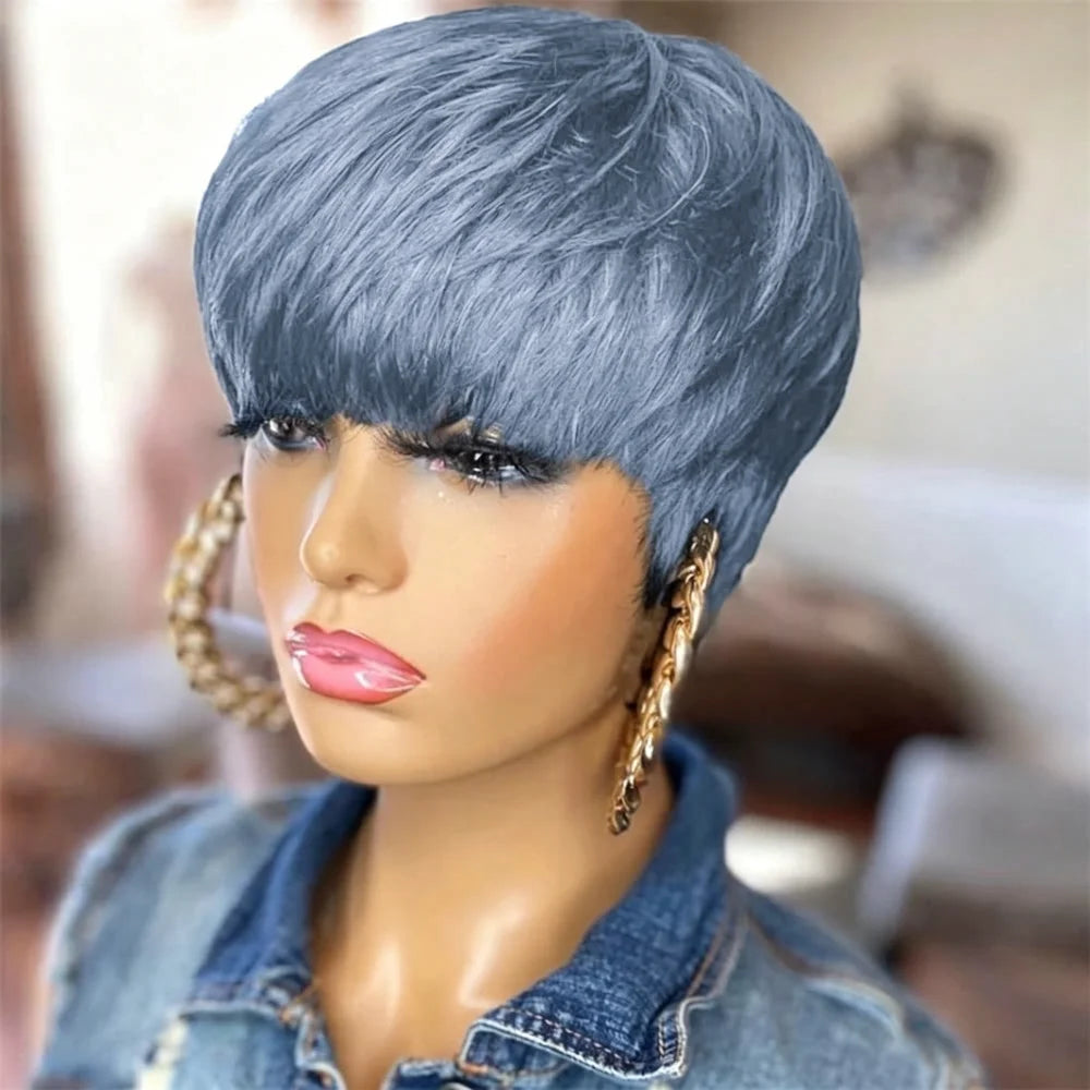 Short Layered Pixie Cut Human Hair Wig With Bangs for Women