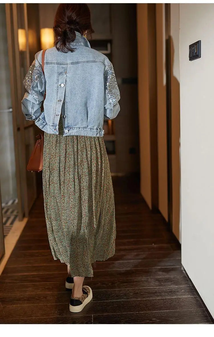 Sequin Embellished Short Denim Jacket for Women with Pockets
